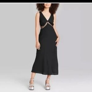Wild Fable Women's Black Lace Trim Cutout Midi Dress Sleeveless V-Neck Y2K Sexy
